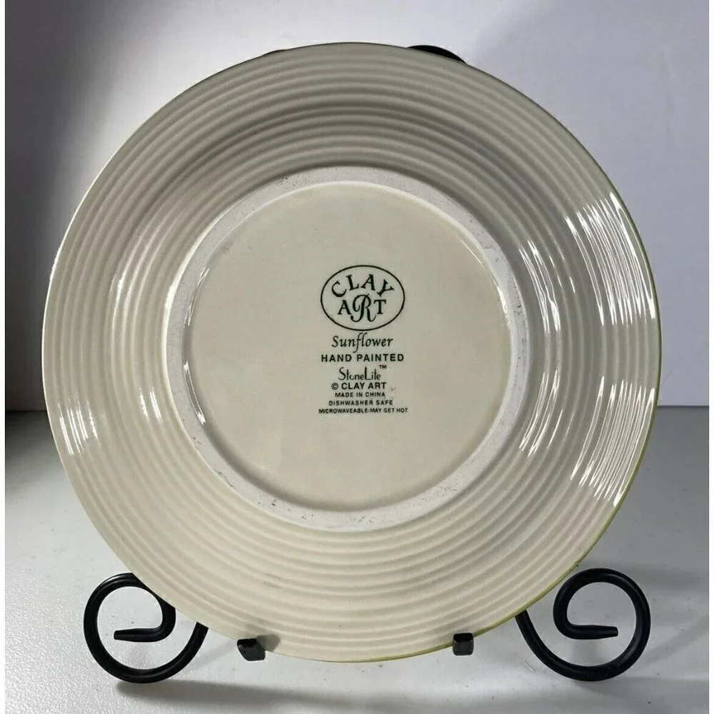 Set Of 6 Clay Art Sunflower‎ Hand Painted Stone Lite Salad Dessert Plates 8.25
